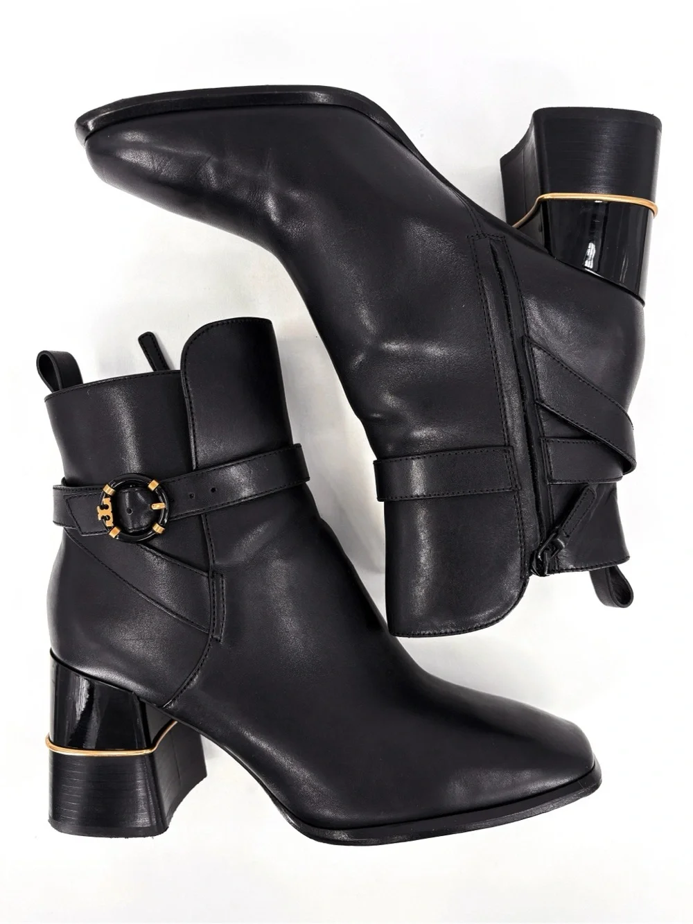 TORY BURCH Logo Buckle Square-Toe Ankle Boots in Black Leather 10 - Picture 7 of 14